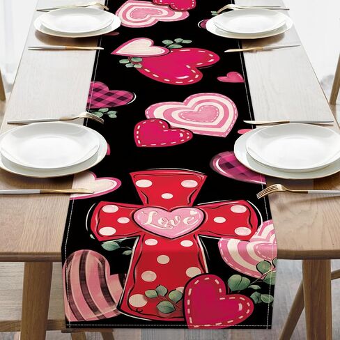 Christian Valentines Day Cross Table Runner, Religious Pink Red Love Hearts Kitchen Dining Table Decoration, Anniversary Wedding Burlap Indoor Outdoor Home Decor Party Supply 13 x 72 Inches in Saudi Arabia