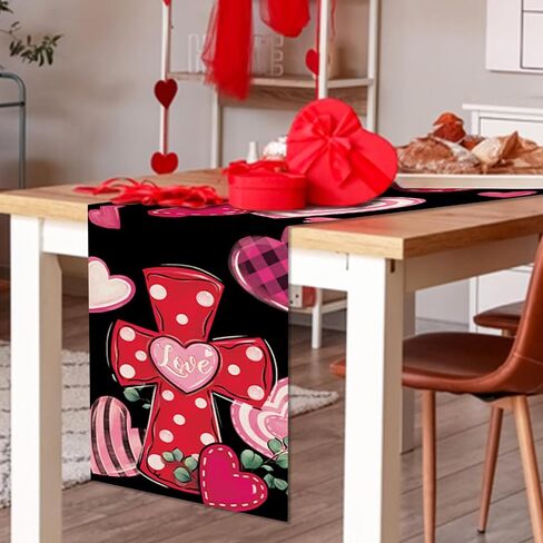 Christian Valentines Day Cross Table Runner, Religious Pink Red Love Hearts Kitchen Dining Table Decoration, Anniversary Wedding Burlap Indoor Outdoor Home Decor Party Supply 13 x 72 Inches in Saudi Arabia