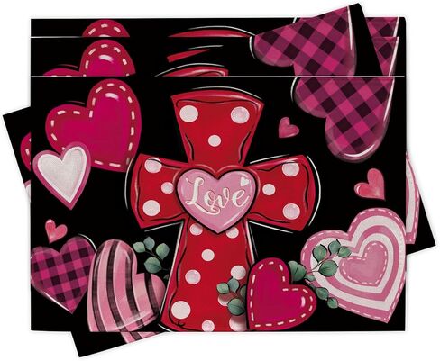 Christian Valentines Day Cross Table Runner, Religious Pink Red Love Hearts Kitchen Dining Table Decoration, Anniversary Wedding Burlap Indoor Outdoor Home Decor Party Supply 13 x 72 Inches in Saudi Arabia