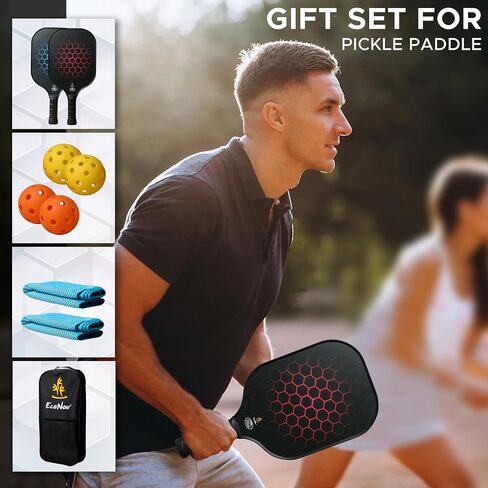 مجموعة مجداف كرة المخلل الخشبية من إيكونور | مجاذيف من خشب الأساس الفاخر مكونة من 9 طبقات مع 4 كرات | 4 مناشف تبريد وحقيبة حمل | تجربة Pickleball النهائية للمتعة في الهواء الطلق والترابط العائلي | أسود in Kuwait