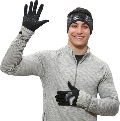 TrailHeads Tempo Reflective Running Headband and Lightweight Touchscreen Running Gloves Gift Set - Black/Reflective in Saudi Arabia
