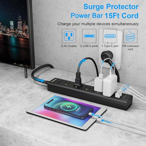 10FT Long Surge Protector Power Strip-with 5 Widely Outlets and 3 USB Ports(1 USB C Port),10 Foot Extension Cord(1250W/10A),Wall Mount for Home Office,700 J,Black(2 Pack) in Kuwait