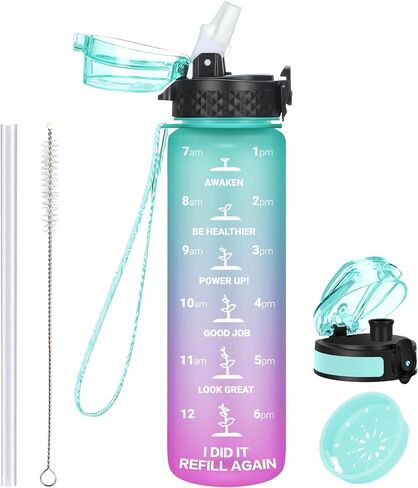 GOPPUS Kids Water Bottle with Straw Spout Lid 17 oz Leak-proof BPA Free Motivational Time Marker Tritan Plastic Water Bottles for Girls Boys School 2 Lids Blue in Saudi Arabia