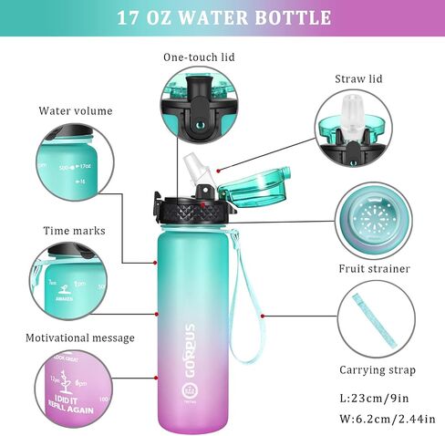 GOPPUS Kids Water Bottle with Straw Spout Lid 17 oz Leak-proof BPA Free Motivational Time Marker Tritan Plastic Water Bottles for Girls Boys School 2 Lids Blue in Saudi Arabia