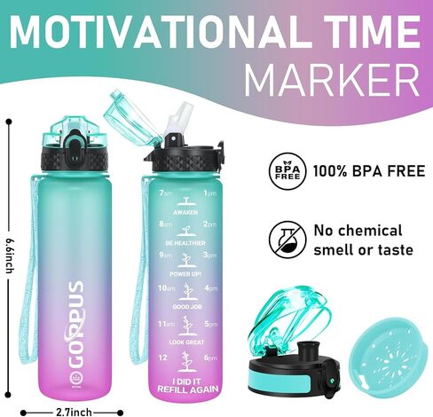 GOPPUS Kids Water Bottle with Straw Spout Lid 17 oz Leak-proof BPA Free Motivational Time Marker Tritan Plastic Water Bottles for Girls Boys School 2 Lids Blue in Saudi Arabia
