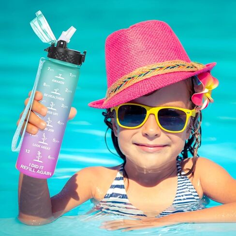 GOPPUS Kids Water Bottle with Straw Spout Lid 17 oz Leak-proof BPA Free Motivational Time Marker Tritan Plastic Water Bottles for Girls Boys School 2 Lids Blue in Saudi Arabia