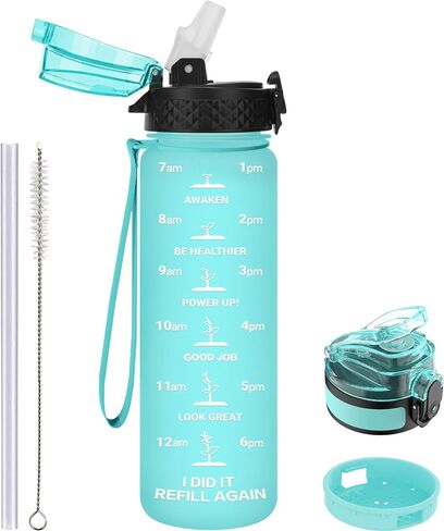 GOPPUS Kids Water Bottle with Straw Spout Lid 17 oz Leak-proof BPA Free Motivational Time Marker Tritan Plastic Water Bottles for Girls Boys School 2 Lids Blue in Saudi Arabia