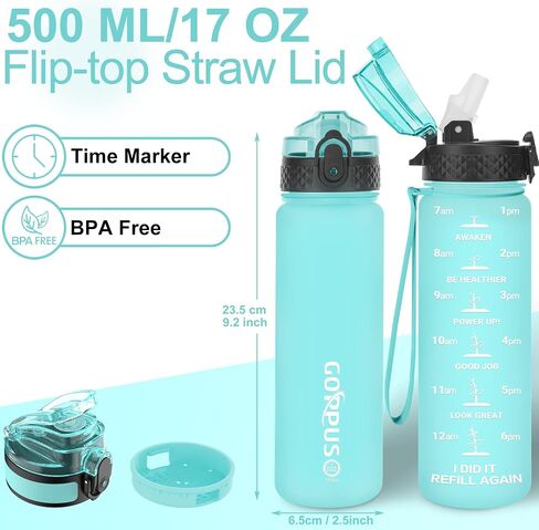 GOPPUS Kids Water Bottle with Straw Spout Lid 17 oz Leak-proof BPA Free Motivational Time Marker Tritan Plastic Water Bottles for Girls Boys School 2 Lids Blue in Saudi Arabia