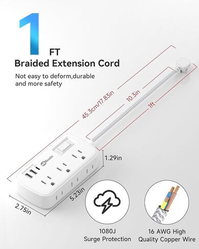 سلك تمديد مسطح بطول 15 قدمًا، 6 منافذ واسعة مع 3 منافذ USB (1 USB C)، واقي التيار المسطح لشريط الطاقة 980J، موسع منفذ توصيل رفيع للغاية، مثبت للداخل، والسفر، والعمل من أساسيات المنزل in Kuwait