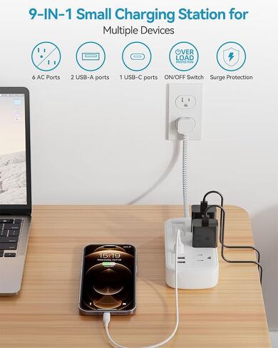 سلك تمديد مسطح بطول 15 قدمًا، 6 منافذ واسعة مع 3 منافذ USB (1 USB C)، واقي التيار المسطح لشريط الطاقة 980J، موسع منفذ توصيل رفيع للغاية، مثبت للداخل، والسفر، والعمل من أساسيات المنزل in Kuwait