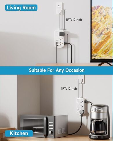 سلك تمديد مسطح بطول 15 قدمًا، 6 منافذ واسعة مع 3 منافذ USB (1 USB C)، واقي التيار المسطح لشريط الطاقة 980J، موسع منفذ توصيل رفيع للغاية، مثبت للداخل، والسفر، والعمل من أساسيات المنزل in Kuwait