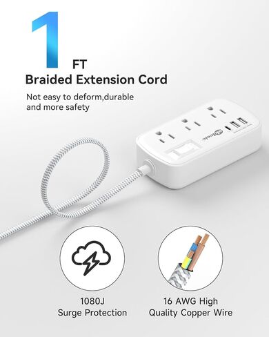 سلك تمديد مسطح بطول 15 قدمًا، 6 منافذ واسعة مع 3 منافذ USB (1 USB C)، واقي التيار المسطح لشريط الطاقة 980J، موسع منفذ توصيل رفيع للغاية، مثبت للداخل، والسفر، والعمل من أساسيات المنزل in Kuwait