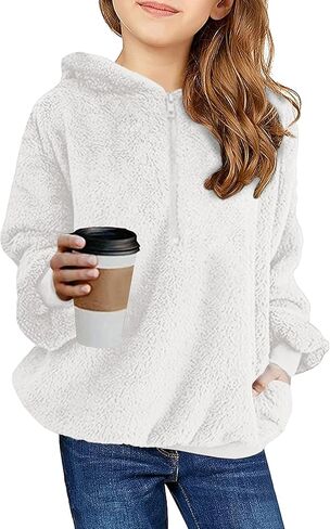 Ofenbuy Kids Girl's Fuzzy Hoodies Zipper Warm Loose Sherpa Hooded Sweatshirt Pullover With Pockets in Kuwait