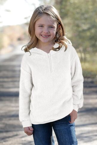 Ofenbuy Kids Girl's Fuzzy Hoodies Zipper Warm Loose Sherpa Hooded Sweatshirt Pullover With Pockets in Kuwait