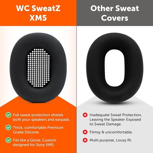WC SweatZ XM5 - Patented Earpad Sweat Covers for Sony WH1000XM5 | Made by Wicked Cushions | Full 360 Protection, Sweatproof & Washable | Black in Kuwait