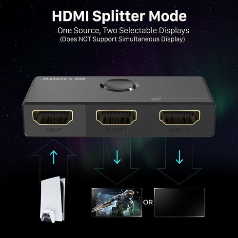 Fosmon HDMI 8K Bi-Directional Switch, Support 8K@60Hz 4K@120Hz HDR10+ HDCP 2.3 1 in 2 Out / 2 in 1 Out HDMI 2.1 Switcher, High Speed 48Gbps HDMI Splitter Compatible with PS4 PS5, Xbox, Roku, Apple TV in Saudi Arabia