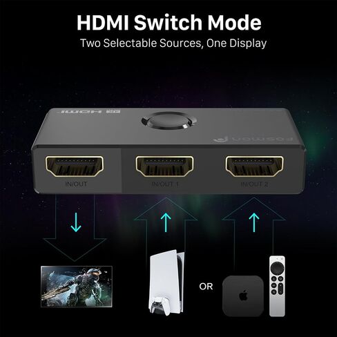 Fosmon HDMI 8K Bi-Directional Switch, Support 8K@60Hz 4K@120Hz HDR10+ HDCP 2.3 1 in 2 Out / 2 in 1 Out HDMI 2.1 Switcher, High Speed 48Gbps HDMI Splitter Compatible with PS4 PS5, Xbox, Roku, Apple TV in Saudi Arabia