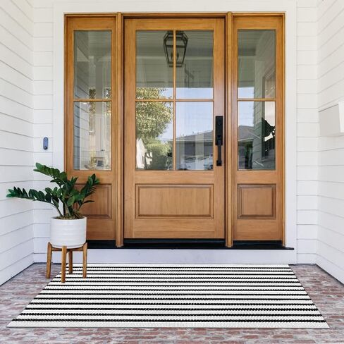 Striped Black White Rug Cotton Outdoor Indoor Layering Doormat Rug 2'x4.3' Front Door Mat Washable Cotton Woven Carpet for Bed Porch Farmhouse Laundry Bath Decor in Saudi Arabia