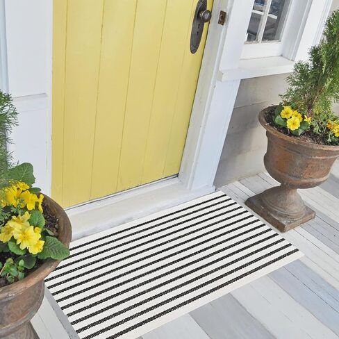 Striped Black White Rug Cotton Outdoor Indoor Layering Doormat Rug 2'x4.3' Front Door Mat Washable Cotton Woven Carpet for Bed Porch Farmhouse Laundry Bath Decor in Saudi Arabia