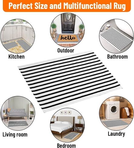 Striped Black White Rug Cotton Outdoor Indoor Layering Doormat Rug 2'x4.3' Front Door Mat Washable Cotton Woven Carpet for Bed Porch Farmhouse Laundry Bath Decor in Saudi Arabia
