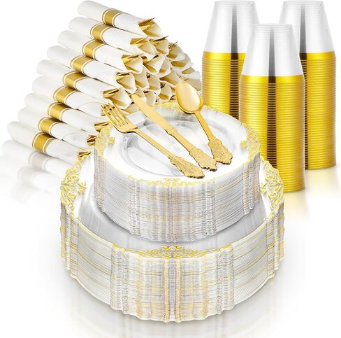 Stock Your Home White and Gold Plates Set with Pre-Rolled Cutlery with Napkins & Gold Cups, Dinnerware for 50 Guests (350pcs), Disposable Party Sets for Wedding, Bridal Shower, Graduation Parties in Saudi Arabia