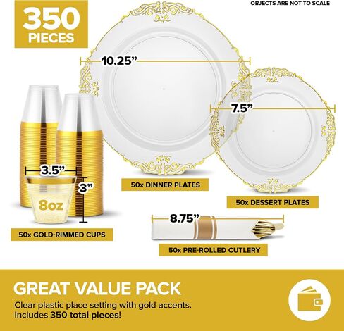 Stock Your Home White and Gold Plates Set with Pre-Rolled Cutlery with Napkins & Gold Cups, Dinnerware for 50 Guests (350pcs), Disposable Party Sets for Wedding, Bridal Shower, Graduation Parties in Saudi Arabia