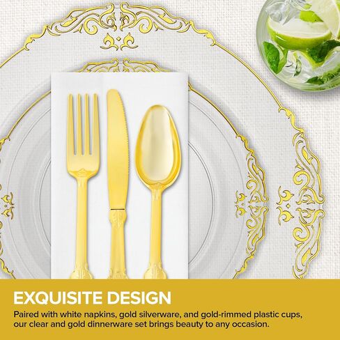 Stock Your Home White and Gold Plates Set with Pre-Rolled Cutlery with Napkins & Gold Cups, Dinnerware for 50 Guests (350pcs), Disposable Party Sets for Wedding, Bridal Shower, Graduation Parties in Saudi Arabia
