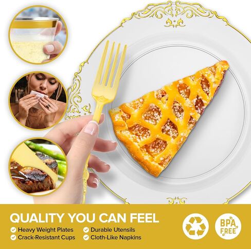 Stock Your Home White and Gold Plates Set with Pre-Rolled Cutlery with Napkins & Gold Cups, Dinnerware for 50 Guests (350pcs), Disposable Party Sets for Wedding, Bridal Shower, Graduation Parties in Saudi Arabia