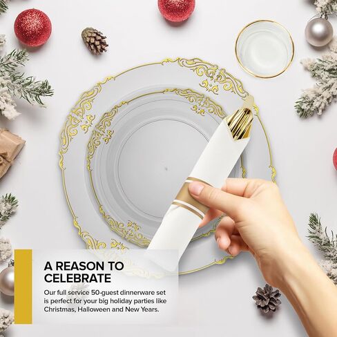 Stock Your Home White and Gold Plates Set with Pre-Rolled Cutlery with Napkins & Gold Cups, Dinnerware for 50 Guests (350pcs), Disposable Party Sets for Wedding, Bridal Shower, Graduation Parties in Saudi Arabia