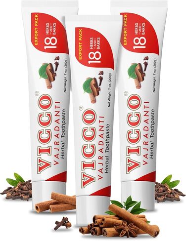 Vicco Vajradanti Herbal Toothpaste, Sugar-Free, Contains 20 Ayurvedic Herbs and Barks, 100% Natural, Vegan & Cruelty-Free - 7 oz (Pack of 3) in Kuwait