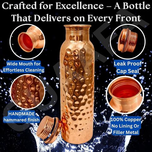 GUAAFA Copper Water Bottle -32oz Handmade Ayurvedic 100% Pure Copper Smooth Finish Vessel Copper Drinkware Gifts Him Her - Gym Office Yoga Travel (Plain 32oz) in Saudi Arabia