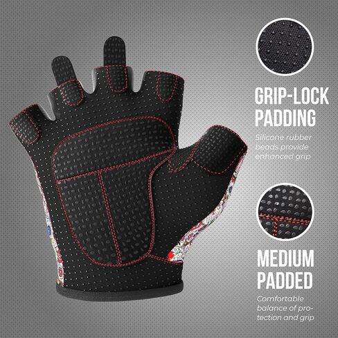 5237 Womens Designer Workout Gloves | طباعة جمجمة السكر مع حشو Grip-Lock ™ (أحمر ، كبير) in Saudi Arabia