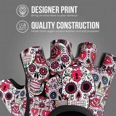 5237 Womens Designer Workout Gloves | طباعة جمجمة السكر مع حشو Grip-Lock ™ (أحمر ، كبير) in Saudi Arabia