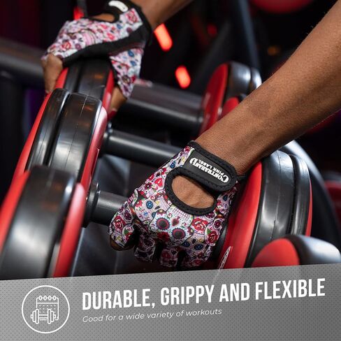 5237 Womens Designer Workout Gloves | طباعة جمجمة السكر مع حشو Grip-Lock ™ (أحمر ، كبير) in Saudi Arabia