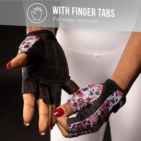 5237 Womens Designer Workout Gloves | طباعة جمجمة السكر مع حشو Grip-Lock ™ (أحمر ، كبير) in Saudi Arabia