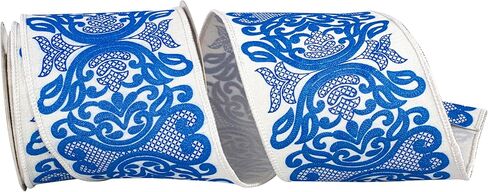 Reliant Ribbon 93861W-685-40F Regal Filigree Printed Dupioni Wired Edge Ribbon, 2-1/2 Inch X 10 Yards, White/Blue in Kuwait