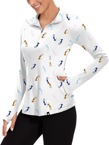 Soneven Long Sleeve Golf Polo Shirts for Women Stand Up Collar Tops Athletic Half Zip Pullover with Thumb Holes Pocket in Kuwait
