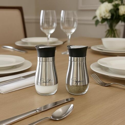 Salt & Pepper Shaker مجموعة من الفولاذ المقاوم للصدأ تغطي الزجاج مع "الملح" و "الفلفل" المطبوع على الجبهة ، خالية من BPA ، و 4.42 أوقية موزعات التوابل موزع المطبخ من قبل الصناعات التي يمكن الاعتماد عليها (البرونز) in Kuwait
