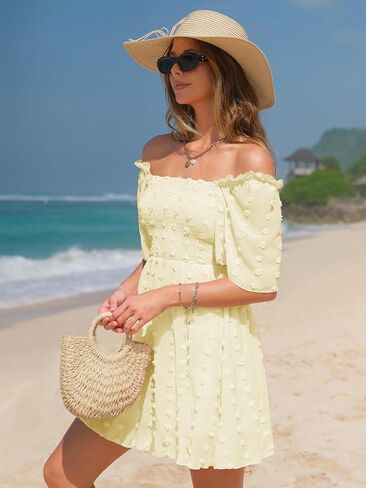 EXLURA Women's Summer Flowy Mini Sundress Square Neck High Waist Swiss Dot Smocked Ruffle Short Flutter Sleeve Dress in Kuwait