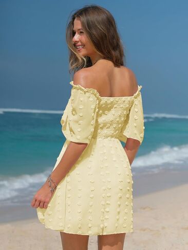 EXLURA Women's Summer Flowy Mini Sundress Square Neck High Waist Swiss Dot Smocked Ruffle Short Flutter Sleeve Dress in Kuwait