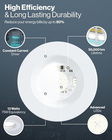 Sunco 48 Pack 5CCT Retrofit LED Recessed Lighting 6 Inch, 2700K/3000K/3500K/4000K/5000K Selectable, Dimmable Can Lights, Smooth Trim, 13W=75W, 965LM, Damp Rated, UL-Certified in Saudi Arabia