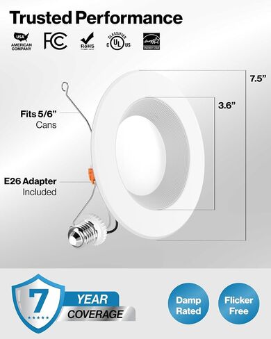 Sunco 48 Pack 5CCT Retrofit LED Recessed Lighting 6 Inch, 2700K/3000K/3500K/4000K/5000K Selectable, Dimmable Can Lights, Smooth Trim, 13W=75W, 965LM, Damp Rated, UL-Certified in Saudi Arabia