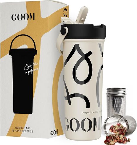 GOOM 20 oz Spill Proof Tumbler with Lid and Straw, Top Handle, Extended Tea Infuser, 6-Layer Insulation 18/10 Stainless Steel, Christmas Gifts for Mom Women Her, Teacher Gifts - Floral White in Saudi Arabia