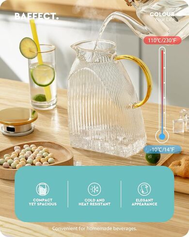 Baffect Water Pitcher, High Borosilicate Glass Jug with Stainless Steel Lid, Leakproof Fridge Door Carafe for Hot or Cold Beverage (1.8 L/63 oz.) in Saudi Arabia