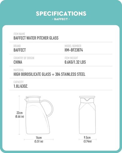 Baffect Water Pitcher, High Borosilicate Glass Jug with Stainless Steel Lid, Leakproof Fridge Door Carafe for Hot or Cold Beverage (1.8 L/63 oz.) in Saudi Arabia