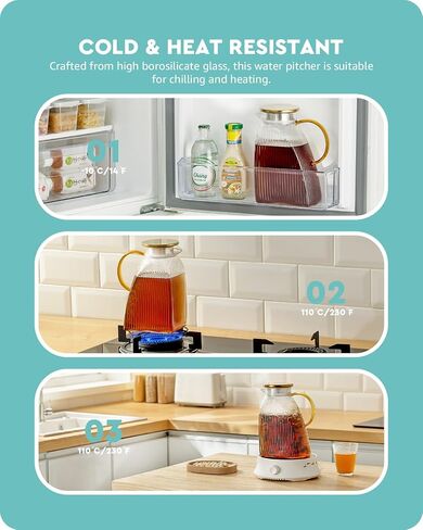 Baffect Water Pitcher, High Borosilicate Glass Jug with Stainless Steel Lid, Leakproof Fridge Door Carafe for Hot or Cold Beverage (1.8 L/63 oz.) in Saudi Arabia