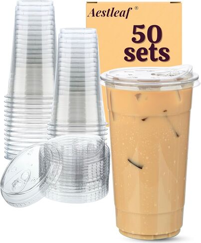 Clear Plastic Cups with Sip-Lids, 20 oz 50 Sets Disposable Coffee Cups Plastic Iced Coffee Cups with Strawless Lids, To Go Coffee Cups for Smoothie, Milkshake, Cold Drinks in Saudi Arabia