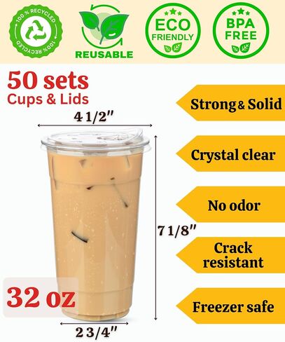 Clear Plastic Cups with Sip-Lids, 20 oz 50 Sets Disposable Coffee Cups Plastic Iced Coffee Cups with Strawless Lids, To Go Coffee Cups for Smoothie, Milkshake, Cold Drinks in Saudi Arabia