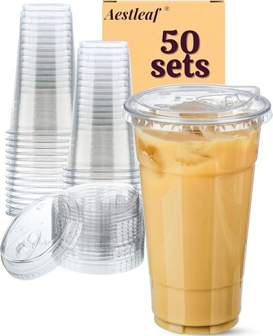 Clear Plastic Cups with Sip-Lids, 20 oz 50 Sets Disposable Coffee Cups Plastic Iced Coffee Cups with Strawless Lids, To Go Coffee Cups for Smoothie, Milkshake, Cold Drinks in Saudi Arabia