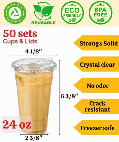 Clear Plastic Cups with Sip-Lids, 20 oz 50 Sets Disposable Coffee Cups Plastic Iced Coffee Cups with Strawless Lids, To Go Coffee Cups for Smoothie, Milkshake, Cold Drinks in Saudi Arabia